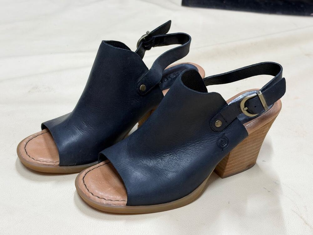 Børn Moraine Slingback Peep Toe Block Heel Sandals US Size 6 Black Leather